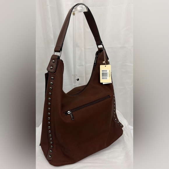 Marion Studded Chocolate Brown Soft Vegan Leather Hobo Bag with Extra Strap NWT - Picture 4 of 9